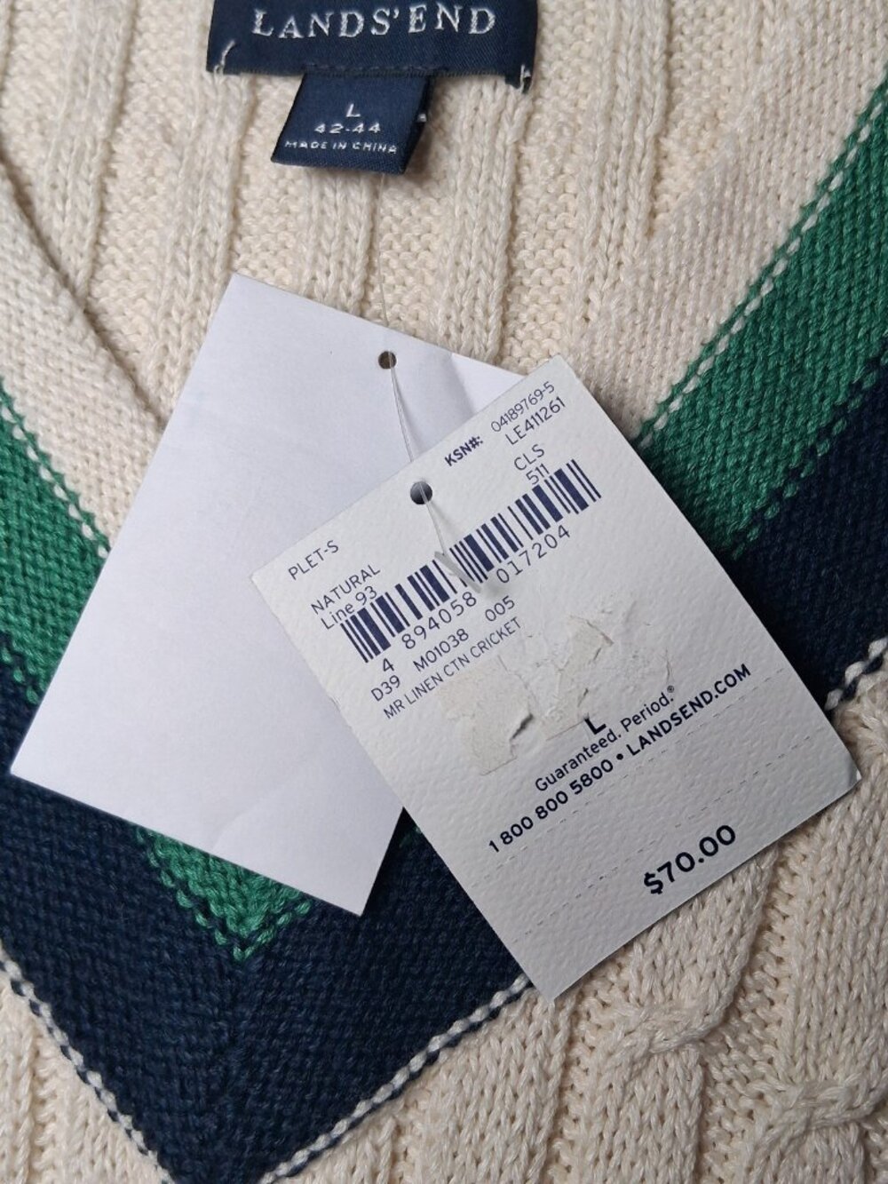 Lands End Sweater Vest Men L V Neck Cable Knit Academia Preppy Ivory Linen Blend - Picture 5 of 13